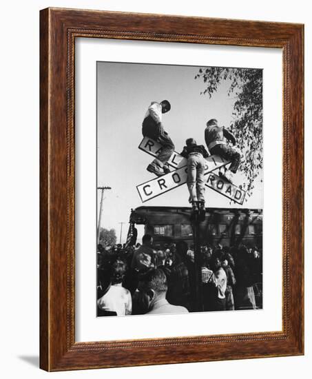 Kids Hanging on Crossbars of Railroad Crossing Signal to See and Hear Richard M. Nixon Speak-Carl Mydans-Framed Photographic Print