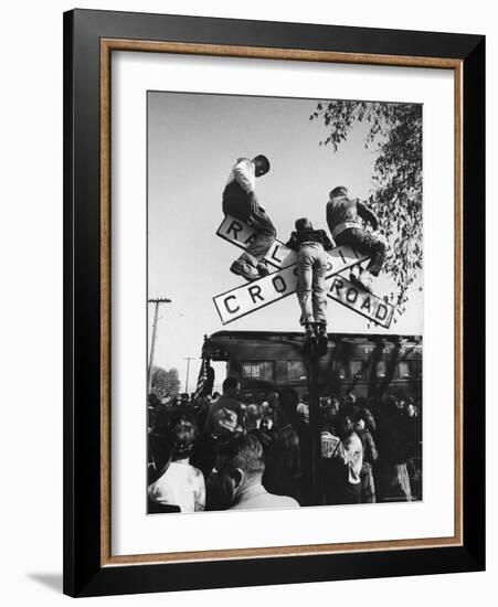 Kids Hanging on Crossbars of Railroad Crossing Signal to See and Hear Richard M. Nixon Speak-Carl Mydans-Framed Photographic Print