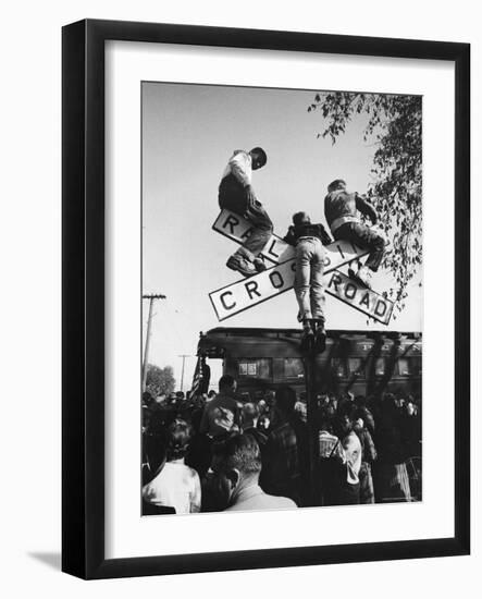 Kids Hanging on Crossbars of Railroad Crossing Signal to See and Hear Richard M. Nixon Speak-Carl Mydans-Framed Photographic Print