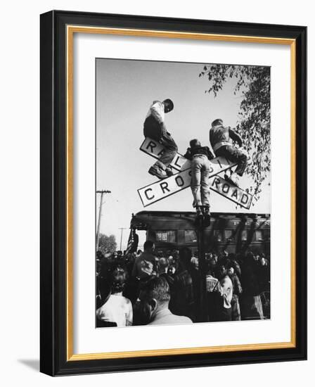 Kids Hanging on Crossbars of Railroad Crossing Signal to See and Hear Richard M. Nixon Speak-Carl Mydans-Framed Photographic Print