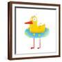 Kids Humorous Yellow Duck with Swimming Circle. Yellow Baby Bird Cartoon Cute Childish Drawing. Tra-Popmarleo-Framed Art Print