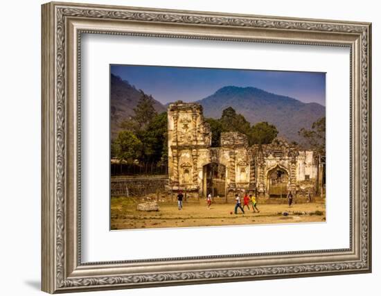 Kids Playing Soccer at Ruins in Antigua, Guatemala, Central America-Laura Grier-Framed Photographic Print