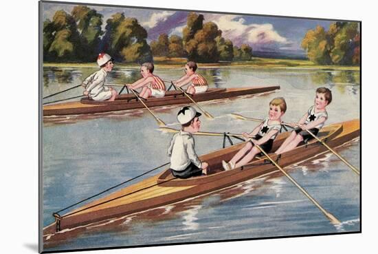 Kids Rowing-null-Mounted Art Print