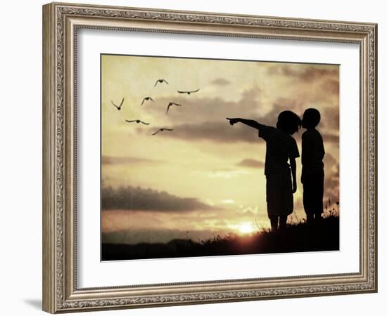 Kids Silhouette Looking at Birds on the Sky in Air-zurijeta-Framed Photographic Print