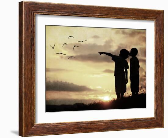 Kids Silhouette Looking at Birds on the Sky in Air-zurijeta-Framed Photographic Print