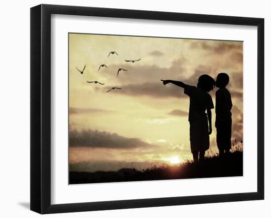 Kids Silhouette Looking at Birds on the Sky in Air-zurijeta-Framed Photographic Print