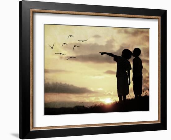 Kids Silhouette Looking at Birds on the Sky in Air-zurijeta-Framed Photographic Print