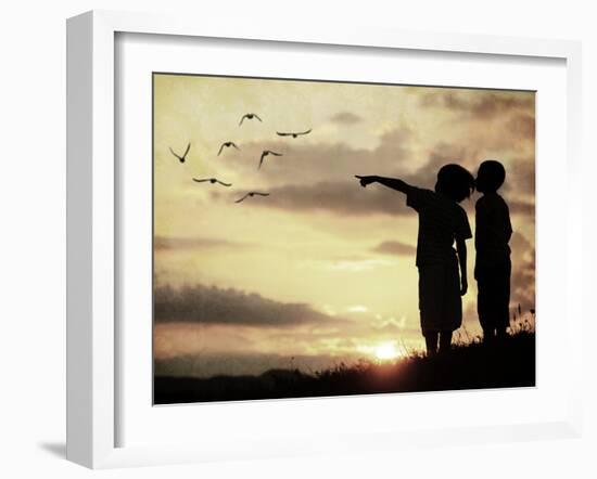 Kids Silhouette Looking at Birds on the Sky in Air-zurijeta-Framed Photographic Print