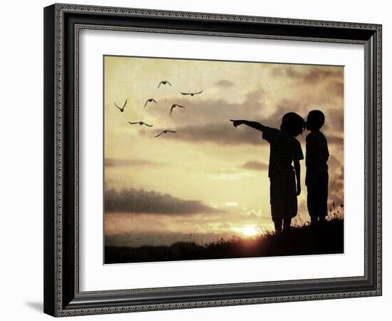 Kids Silhouette Looking at Birds on the Sky in Air-zurijeta-Framed Photographic Print