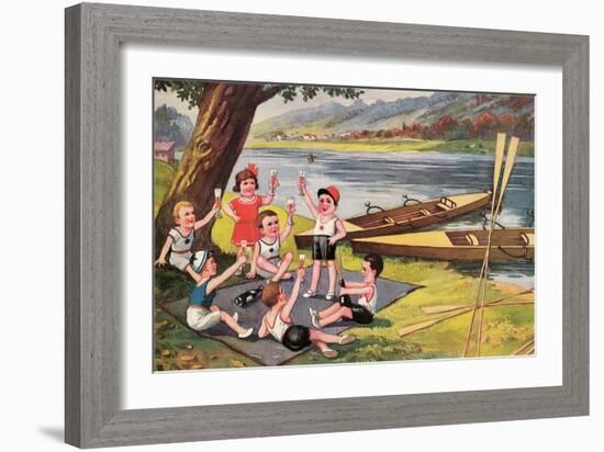 Kids with Rowboats Toasting-null-Framed Art Print