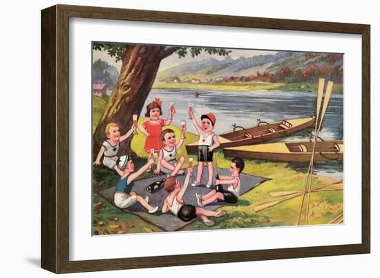 Kids with Rowboats Toasting-null-Framed Art Print