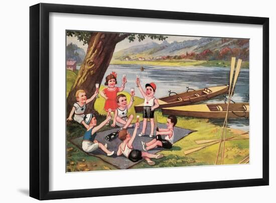 Kids with Rowboats Toasting-null-Framed Art Print