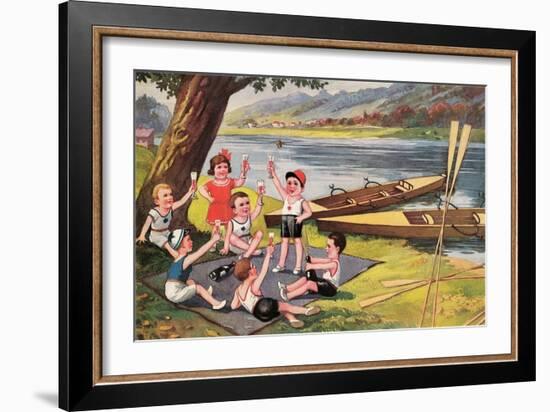 Kids with Rowboats Toasting-null-Framed Art Print