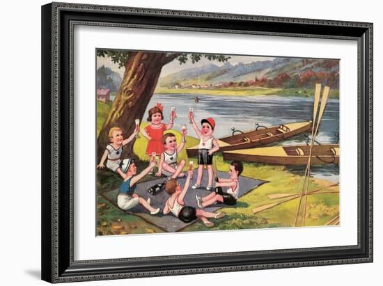 Kids with Rowboats Toasting-null-Framed Art Print