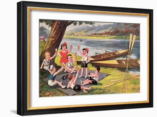 Kids with Rowboats Toasting-null-Framed Art Print