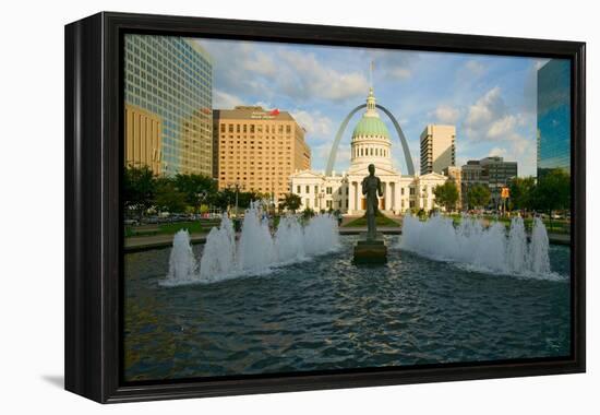 Kiener Plaza - "The Runner" in water fountain in front of historic Old Court House and Gateway A...-null-Framed Premier Image Canvas