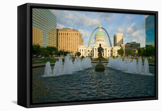 Kiener Plaza - "The Runner" in water fountain in front of historic Old Court House and Gateway A...-null-Framed Premier Image Canvas