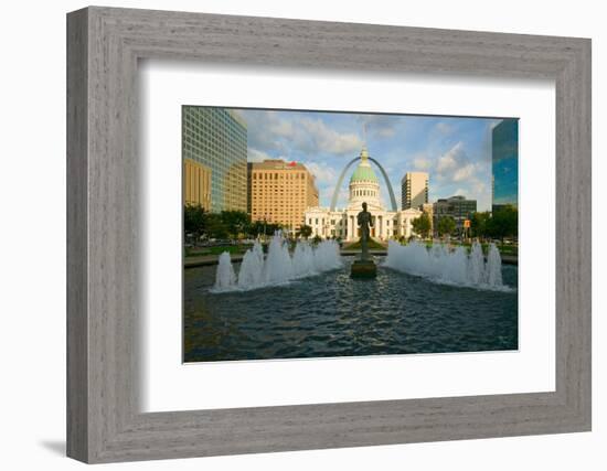 Kiener Plaza - "The Runner" in water fountain in front of historic Old Court House and Gateway A...-null-Framed Photographic Print