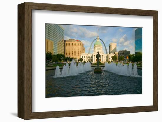 Kiener Plaza - "The Runner" in water fountain in front of historic Old Court House and Gateway A...-null-Framed Photographic Print