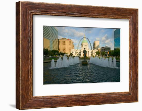 Kiener Plaza - "The Runner" in water fountain in front of historic Old Court House and Gateway A...-null-Framed Photographic Print