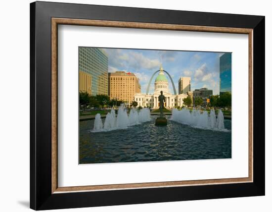 Kiener Plaza - "The Runner" in water fountain in front of historic Old Court House and Gateway A...-null-Framed Photographic Print