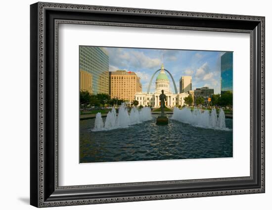 Kiener Plaza - "The Runner" in water fountain in front of historic Old Court House and Gateway A...-null-Framed Photographic Print