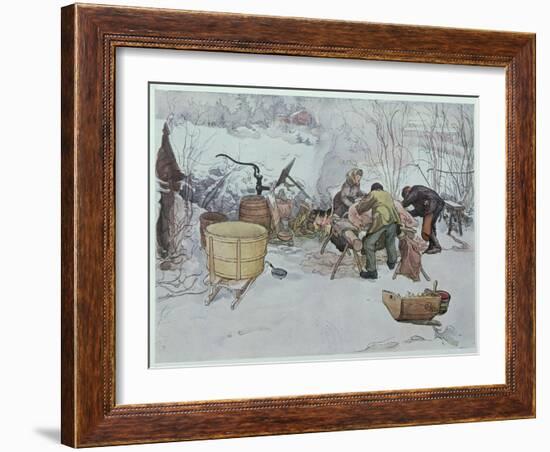 Killing the Pig," Illustration for "My Little Farm," Published in Sweden, 1904-Carl Larsson-Framed Giclee Print