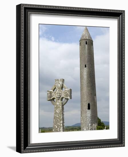 Kilmacdaugh Round Tower and Celtic Style Cross, Near Gort, County Galway, Connacht, Ireland-Gary Cook-Framed Photographic Print