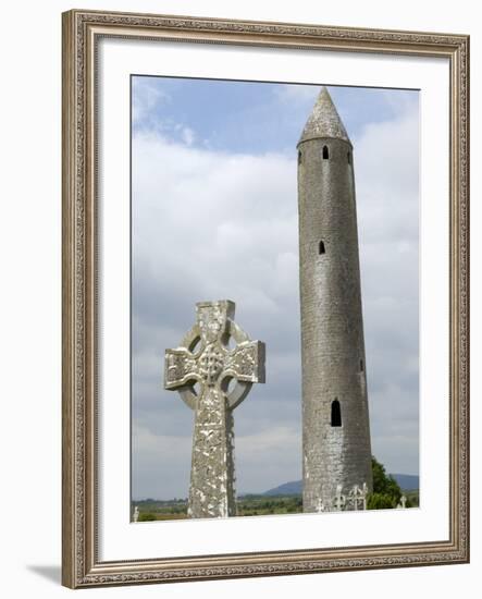 Kilmacdaugh Round Tower and Celtic Style Cross, Near Gort, County Galway, Connacht, Ireland-Gary Cook-Framed Photographic Print