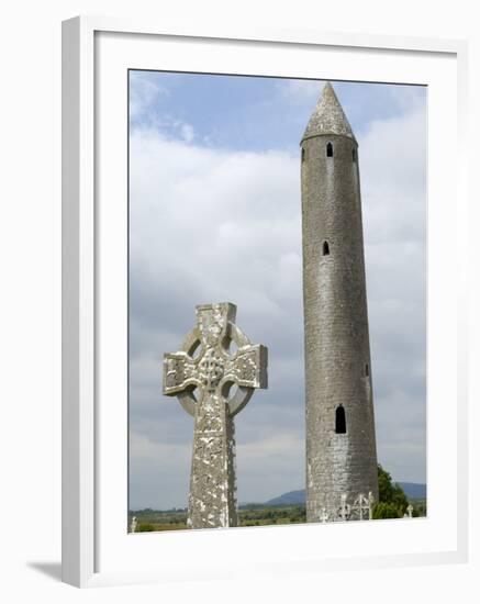 Kilmacdaugh Round Tower and Celtic Style Cross, Near Gort, County Galway, Connacht, Ireland-Gary Cook-Framed Photographic Print