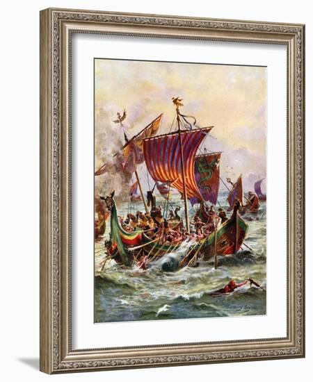 King Alfred's Galleys Attacking the Viking Dragon Ships, 897-Henry Payne-Framed Giclee Print