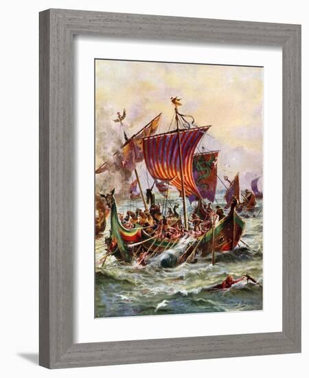 King Alfred's Galleys Attacking the Viking Dragon Ships, 897-Henry Payne-Framed Giclee Print