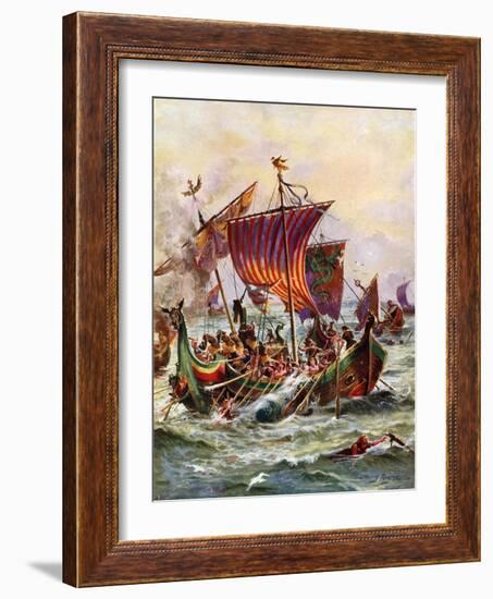 King Alfred's Galleys Attacking the Viking Dragon Ships, 897-Henry Payne-Framed Giclee Print