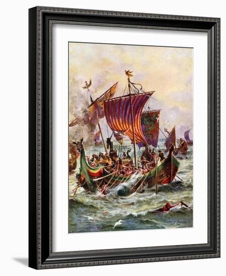 King Alfred's Galleys Attacking the Viking Dragon Ships, 897-Henry Payne-Framed Giclee Print