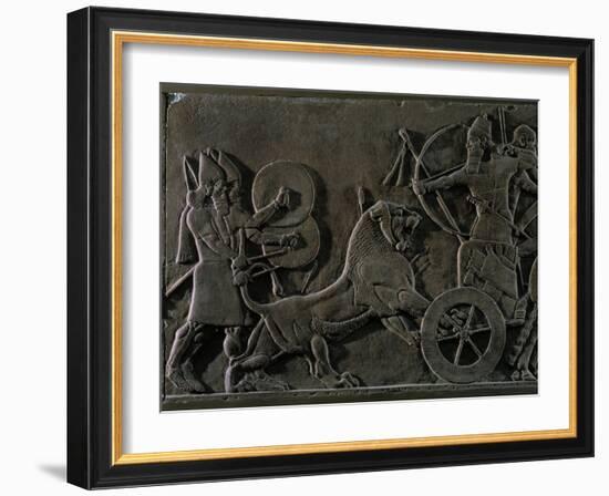 King Ashurnazirpal Hunting Lions, a Lion Leaping at the King's Chariot-null-Framed Giclee Print