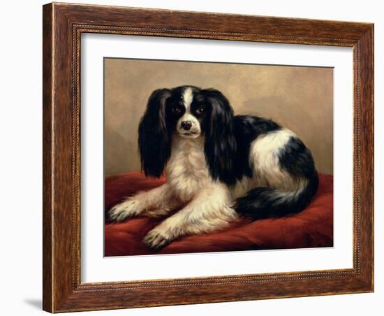 King Charles Spaniel Seated on a Red Cushion-Eugene Joseph Verboeckhoven-Framed Giclee Print