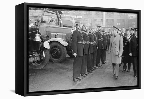 King George VI inspects firemen on his visit to Birmingham during WW2-Staff-Framed Premier Image Canvas