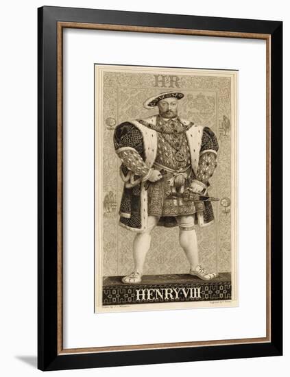 King Henry VIII Whole-Length Portait in Full Tudor Regalia Against a Decorative Background-null-Framed Art Print