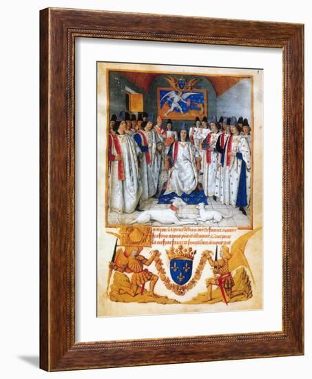 King Louis XI presides a chapter meeting of the Order of Saint Michel.Beneath the image.-Jean Fouquet-Framed Giclee Print