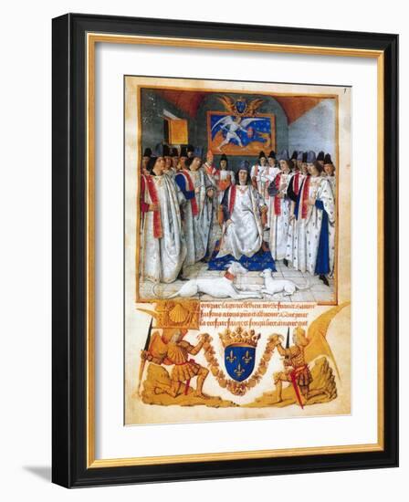 King Louis XI presides a chapter meeting of the Order of Saint Michel.Beneath the image.-Jean Fouquet-Framed Giclee Print