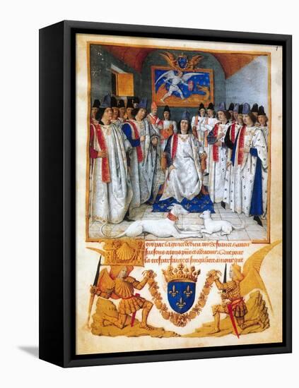 King Louis XI presides a chapter meeting of the Order of Saint Michel.Beneath the image.-Jean Fouquet-Framed Premier Image Canvas