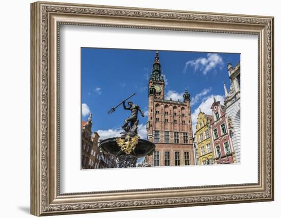 King Neptune Statue in the Long Market, Dlugi Targ, with Town Hall Clock, Gdansk, Poland, Europe-Michael Nolan-Framed Photographic Print