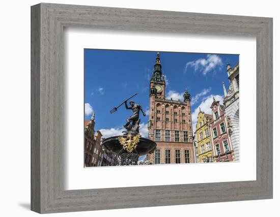 King Neptune Statue in the Long Market, Dlugi Targ, with Town Hall Clock, Gdansk, Poland, Europe-Michael Nolan-Framed Photographic Print