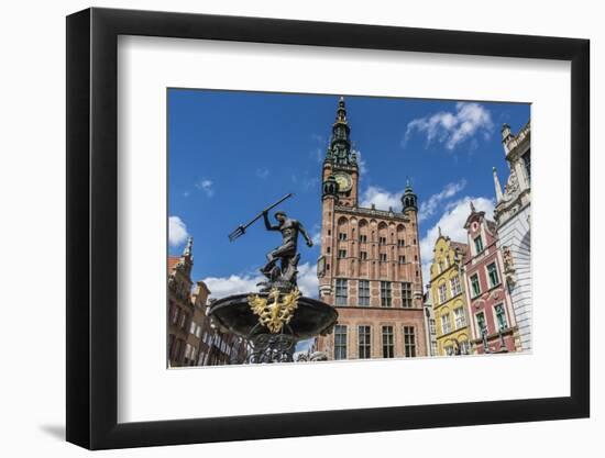 King Neptune Statue in the Long Market, Dlugi Targ, with Town Hall Clock, Gdansk, Poland, Europe-Michael Nolan-Framed Photographic Print