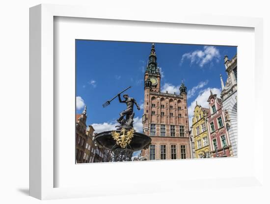 King Neptune Statue in the Long Market, Dlugi Targ, with Town Hall Clock, Gdansk, Poland, Europe-Michael Nolan-Framed Photographic Print