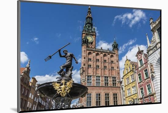 King Neptune Statue in the Long Market, Dlugi Targ, with Town Hall Clock, Gdansk, Poland, Europe-Michael Nolan-Mounted Photographic Print