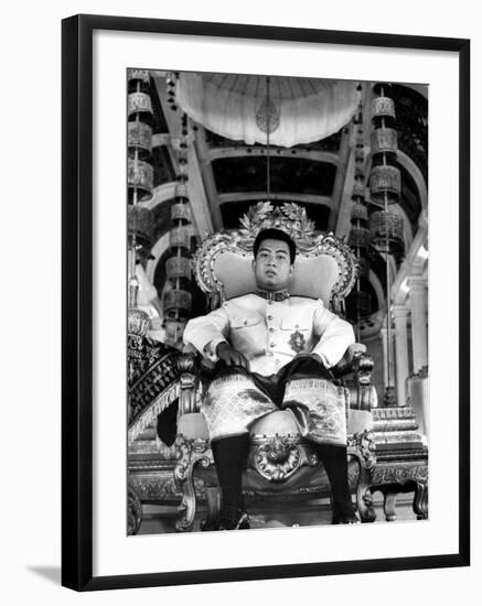 King Norodom Sihanouk of Cambodia Sitting in His Throne Wearing "Sampots", Sarong Style Pants-Howard Sochurek-Framed Premium Photographic Print