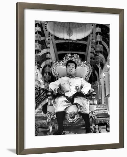 King Norodom Sihanouk of Cambodia Sitting in His Throne Wearing "Sampots", Sarong Style Pants-Howard Sochurek-Framed Premium Photographic Print