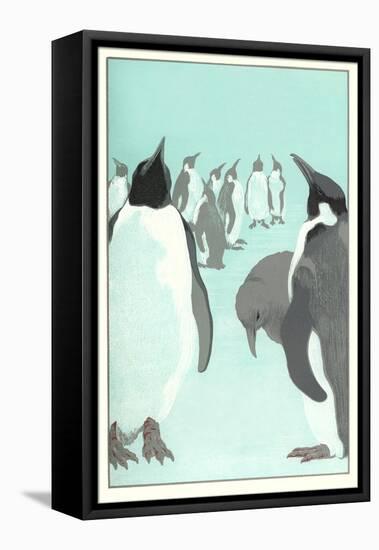 King Penguines Looking Up-null-Framed Stretched Canvas