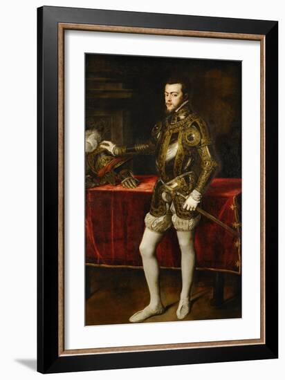 King Philip II of Spain (1527-1598), the King in Armor; Morion and Gloves on a Table-Titian (Tiziano Vecelli)-Framed Giclee Print